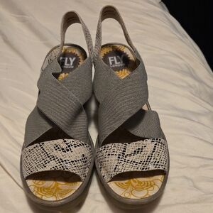 Fly London Gray and White Sandals with Snakeskin Detail